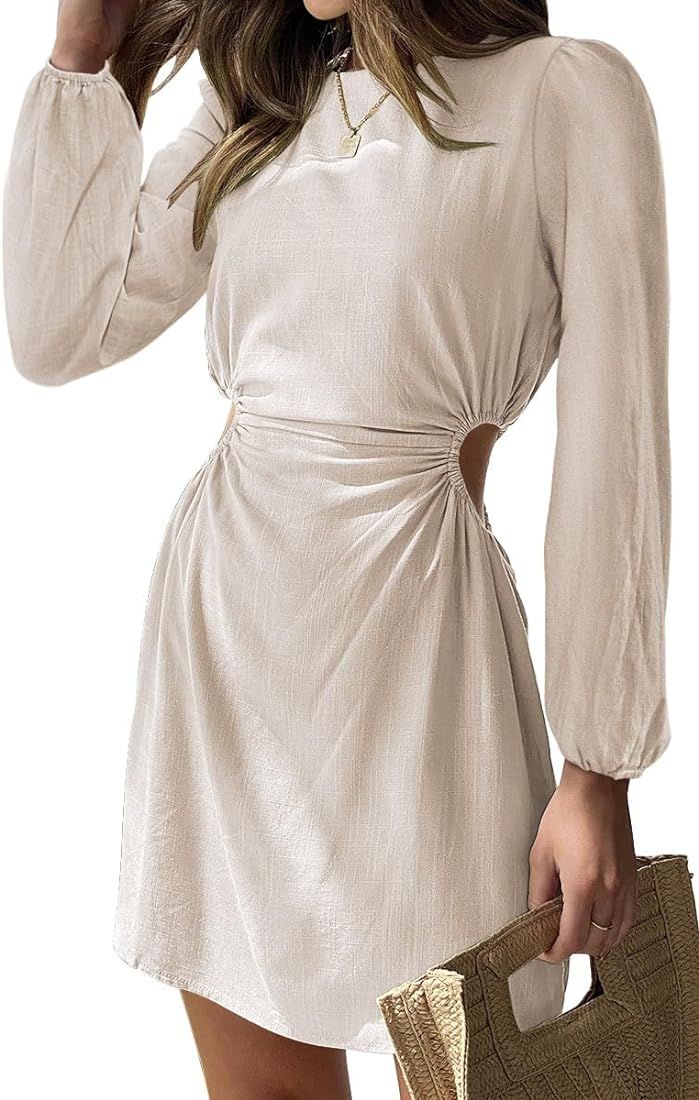 LILLUSORY Womens 2023 Fall Cotton Linen Cutout Short Long Sleeves Mini Dresses | Amazon (US)