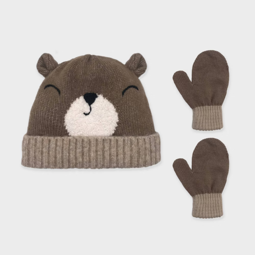 Toddler Boys' Knitted Critter Bear Beanie and Basic Magic Mittens Set - Cat & Jack™ | Target