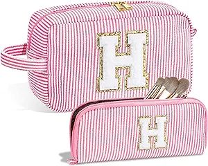 YOOLIFE Pink Makeup Bag for Women - Personalized Initial Cute Makeup Pouch for Her Mom Wife | Cos... | Amazon (US)