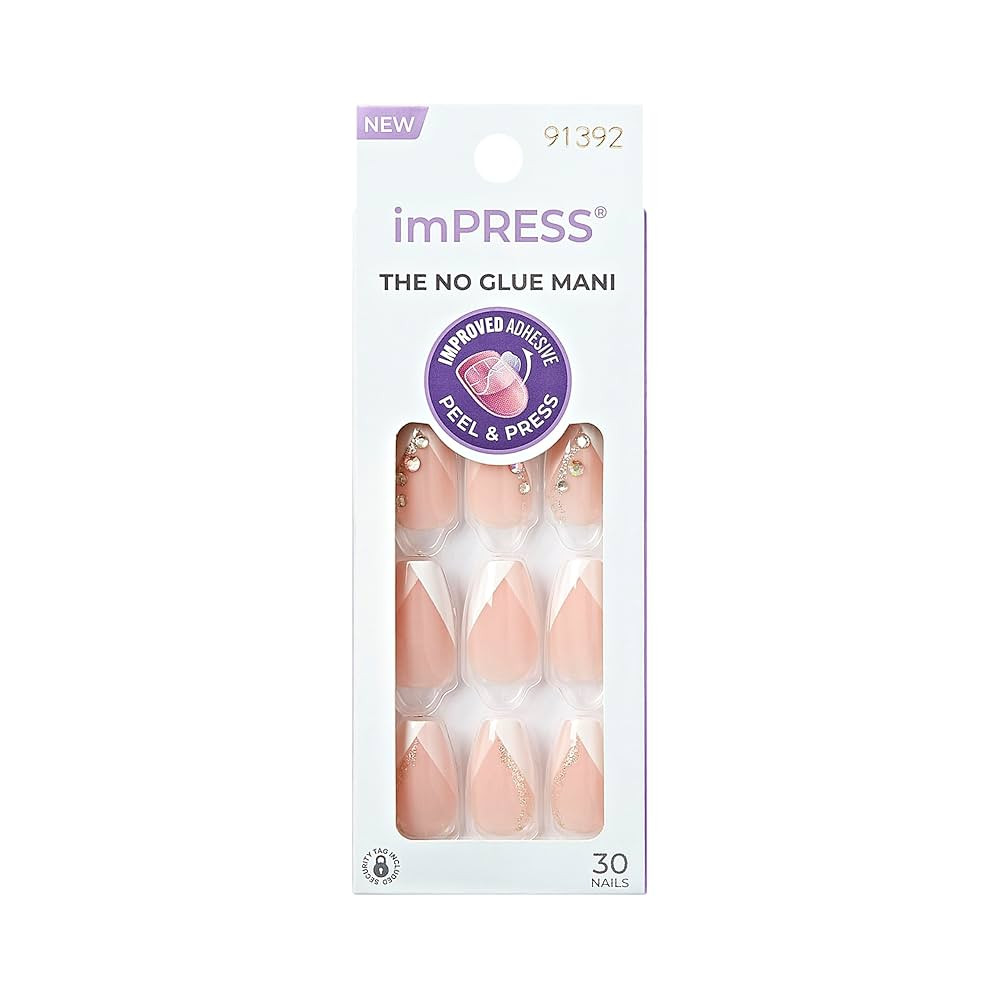 KISS imPRESS No Glue Mani Press On Nails, French, 'Glimpse', Light Neutral + White Tip French, Me... | Amazon (US)