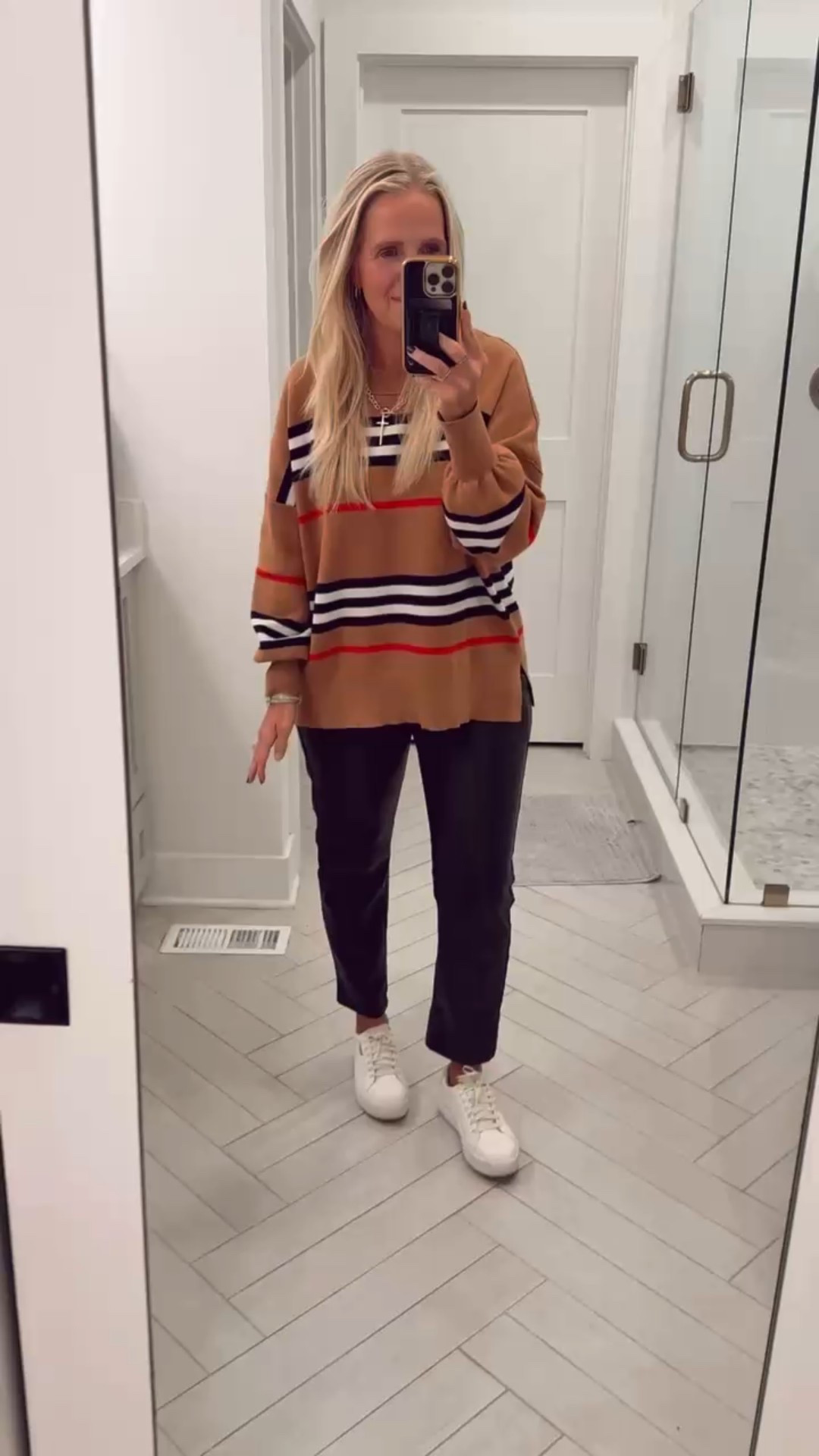 I’m wearing a medium in the sweater- it’s so soft! Size small ankle length in the drawstring faux leather pants. They are very comfortable  

#LTKFindsUnder50