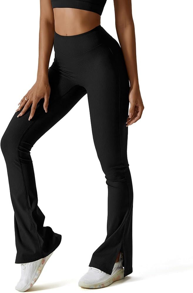 Womens Ribbed Flared Leggings Slit Hem High Waist Bootcut Yoga Pants Workout Bootleg Pants | Amazon (US)
