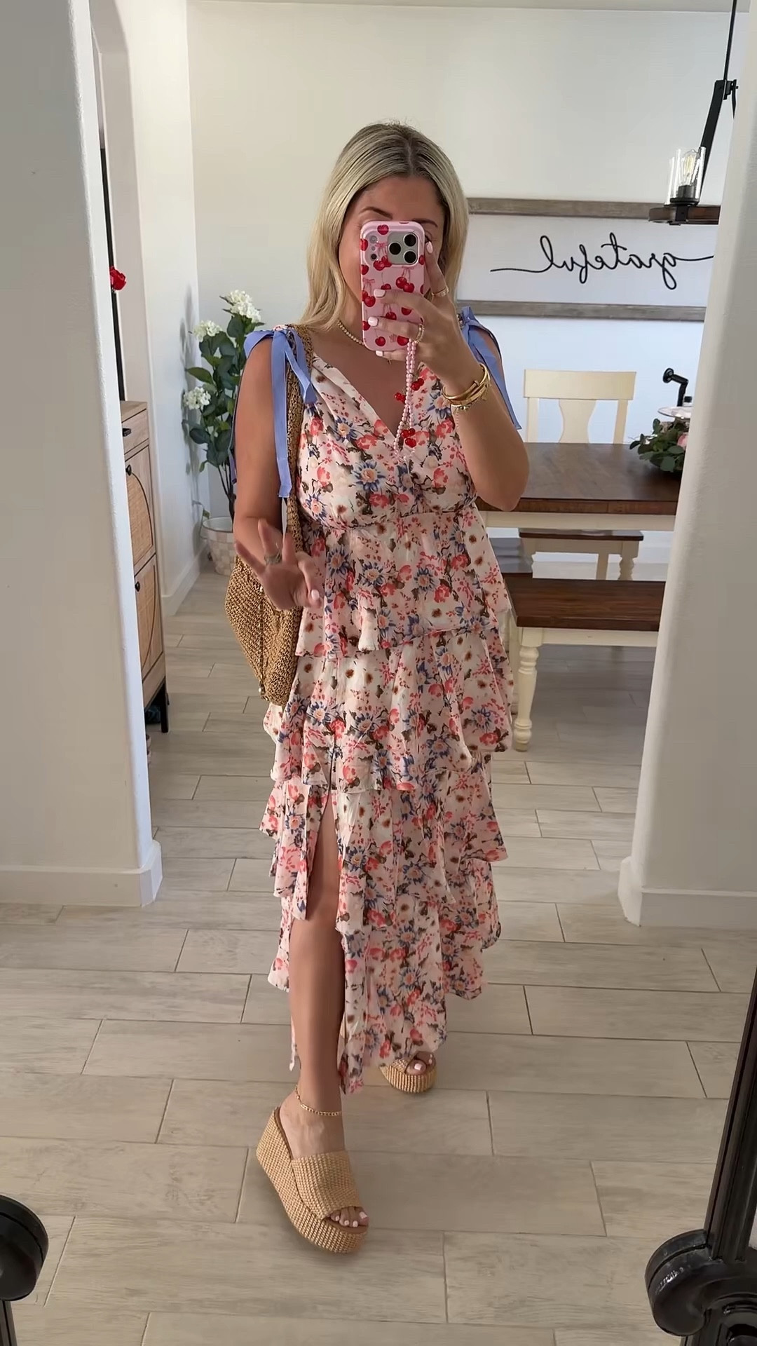 Perfect spring and summer dress! 
Small wedges so comfy and cute
Vacation, date night, resort, Easter dress
Amazon dress
Coach raffia purse 
