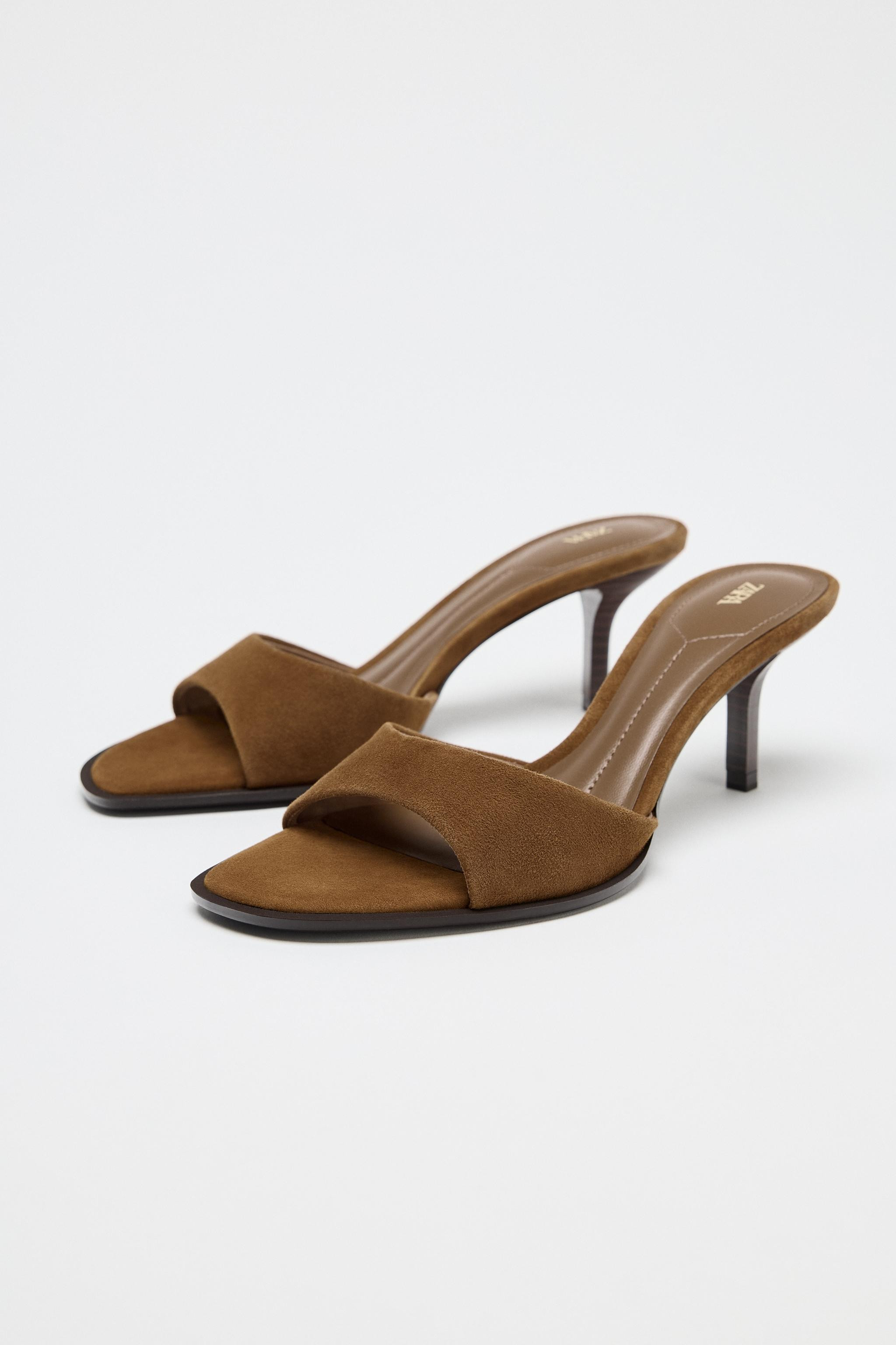 Heeled sandals in split leather. Front strap. Thin high heel. Heel height: 3 inches (7.5 cm) | Zara US