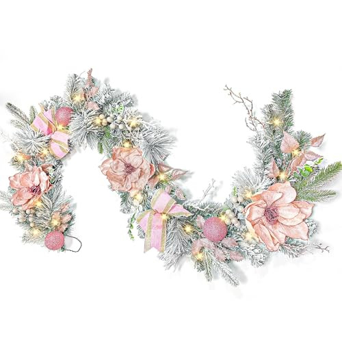 Christmas Garland with Lights,6 FT Prelit Christmas Garland with Pink Flowers,Pink Balls and Berries Xmas Garland for Front Door Fireplace Porch Table Centerpiece Outdoor Decor,Indoor&Outdoor Use | Amazon (US)