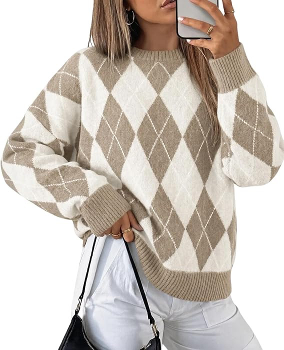 Tankaneo Womens Oversized Sweaters Long Sleeve Argyle Plaid Trendy Casual Fall Lightweight Knit P... | Amazon (US)