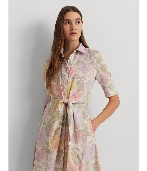 Lauren Ralph Lauren Wakana Floral Tie Front Linen Shirt Dress | Dillard's | Dillard's
