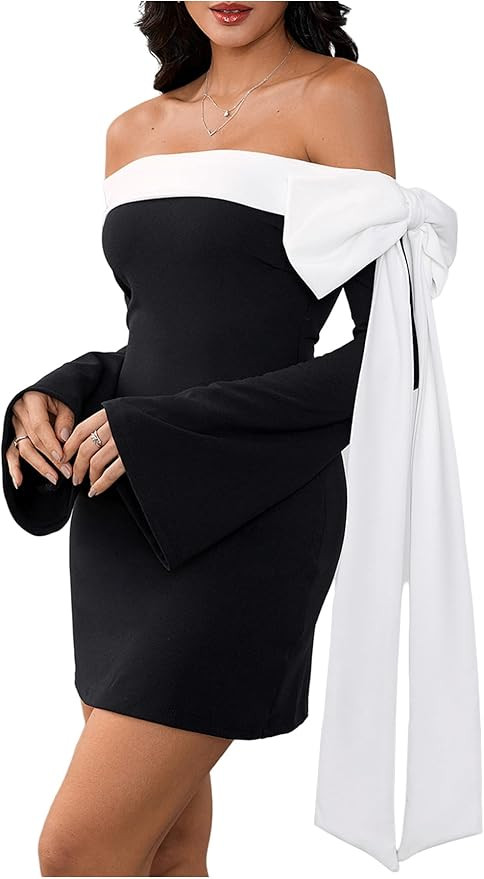 MakeMeChic Women's Off The Shoulder Bell Sleeve Mini Dress Bowknot Cocktail Party Bodycon Dresses | Amazon (US)