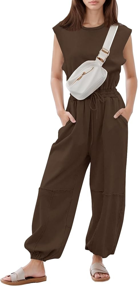 Flygo Womens Casual Jumpsuit Crewneck Cap Sleeve Long Wide Leg Pants One Piece Outfits Drawstring... | Amazon (US)
