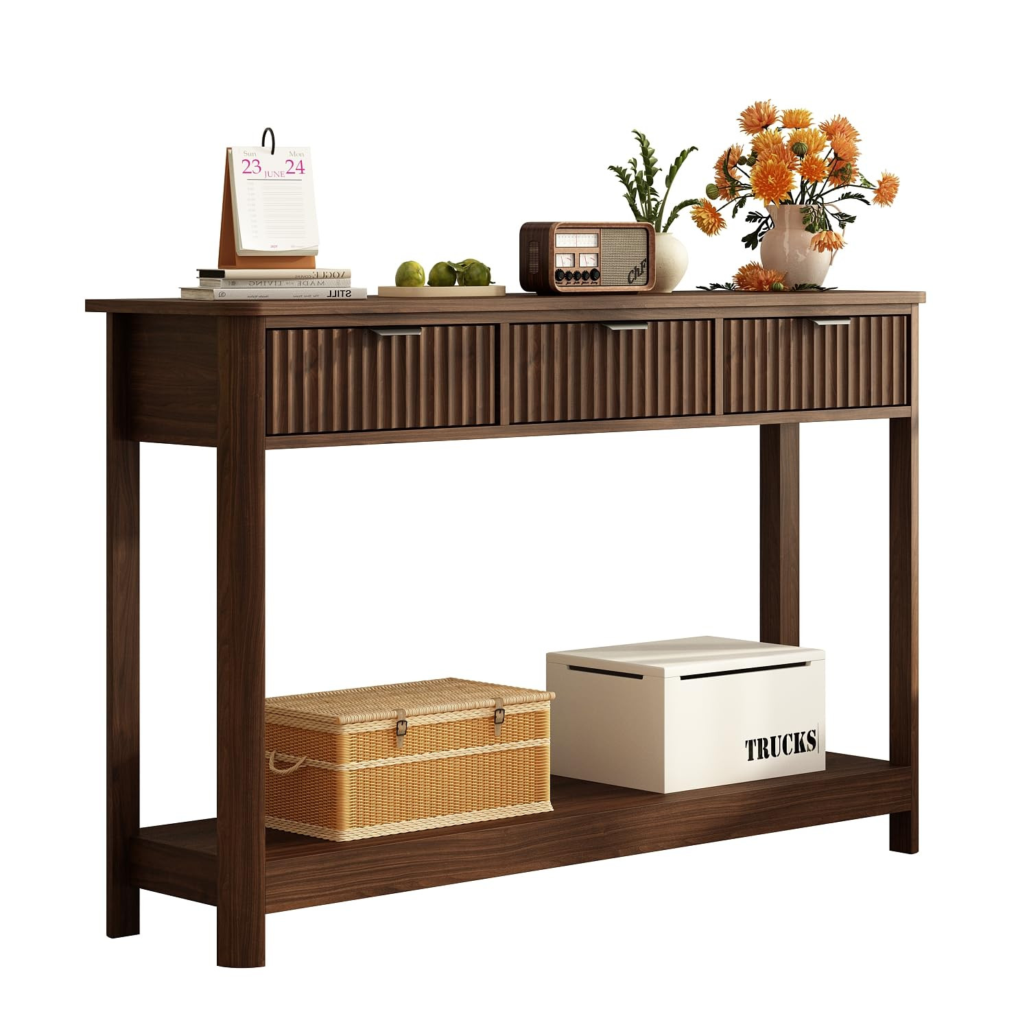 RUSTOWN Fluted Wood Console Table with 3 Drawers, Boho Narrow Behind Couch Entryway Table with Op... | Amazon (US)
