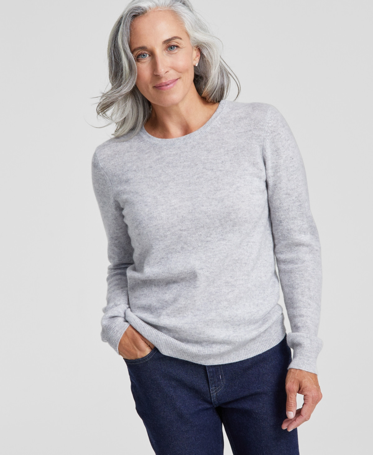 Charter Club 100% Cashmere Women's Petite Long-Sleeve Crewneck Sweater, Created for Macy's - Ice Grey Heather | Macy's