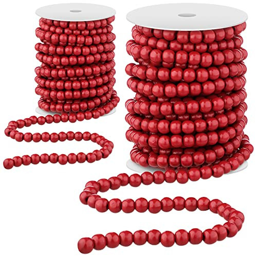 Giegxin 2 Pcs Wood Red Christmas Bead Garland 66 Feet in Total Rustic Farmhouse Country Decor for Christmas Tree Tier Tray Wooden Wall Hanging Beaded Garland for Xmas Holiday Favors Supplies | Amazon (US)
