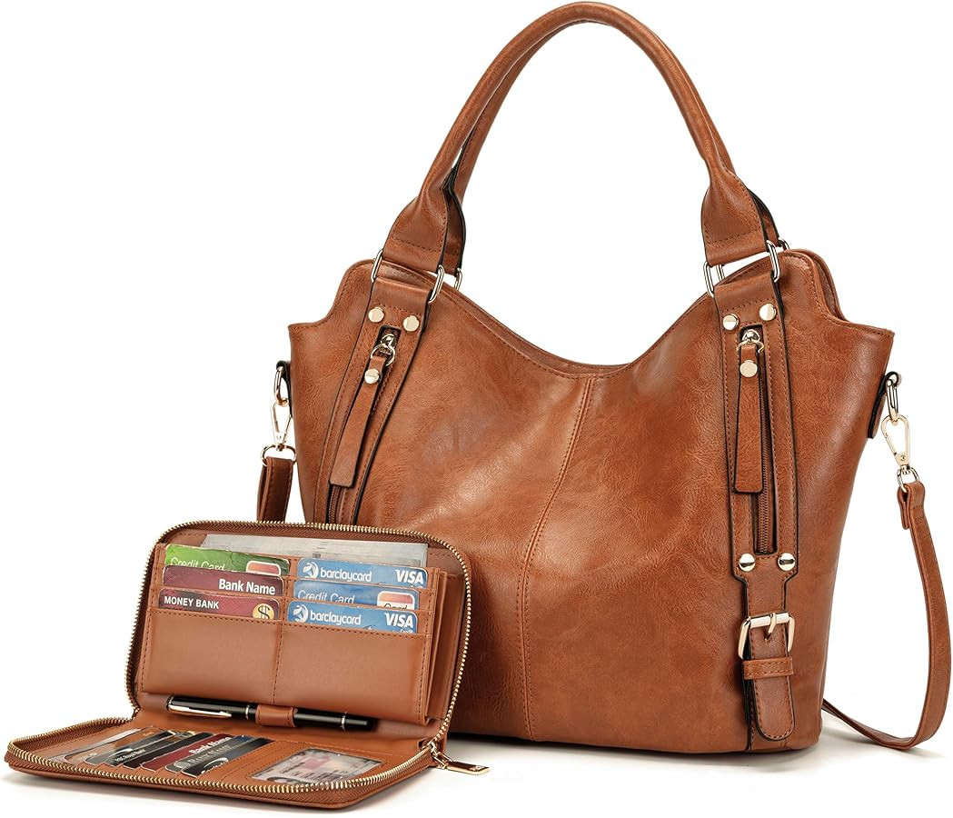 Crossbody Bags for Women Large Hobo Purse PU Leather Shoulder Handbag Ladies Tote Wallet Set 2PCS | Amazon (US)