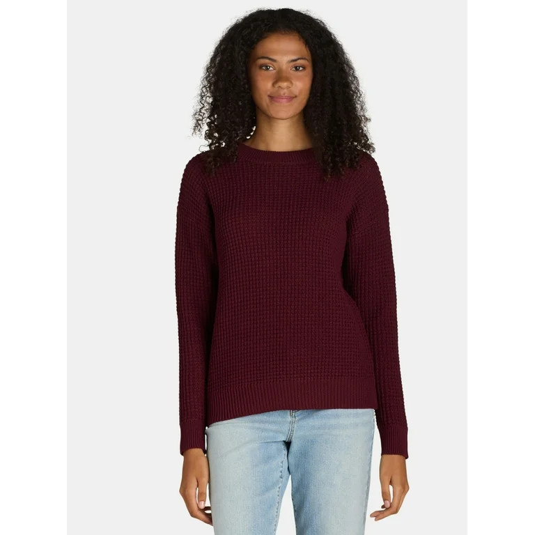 Time and Tru Women's and Women's Plus Waffle Stitch Sweater with Long Sleeves, Midweight, Sizes X... | Walmart (US)