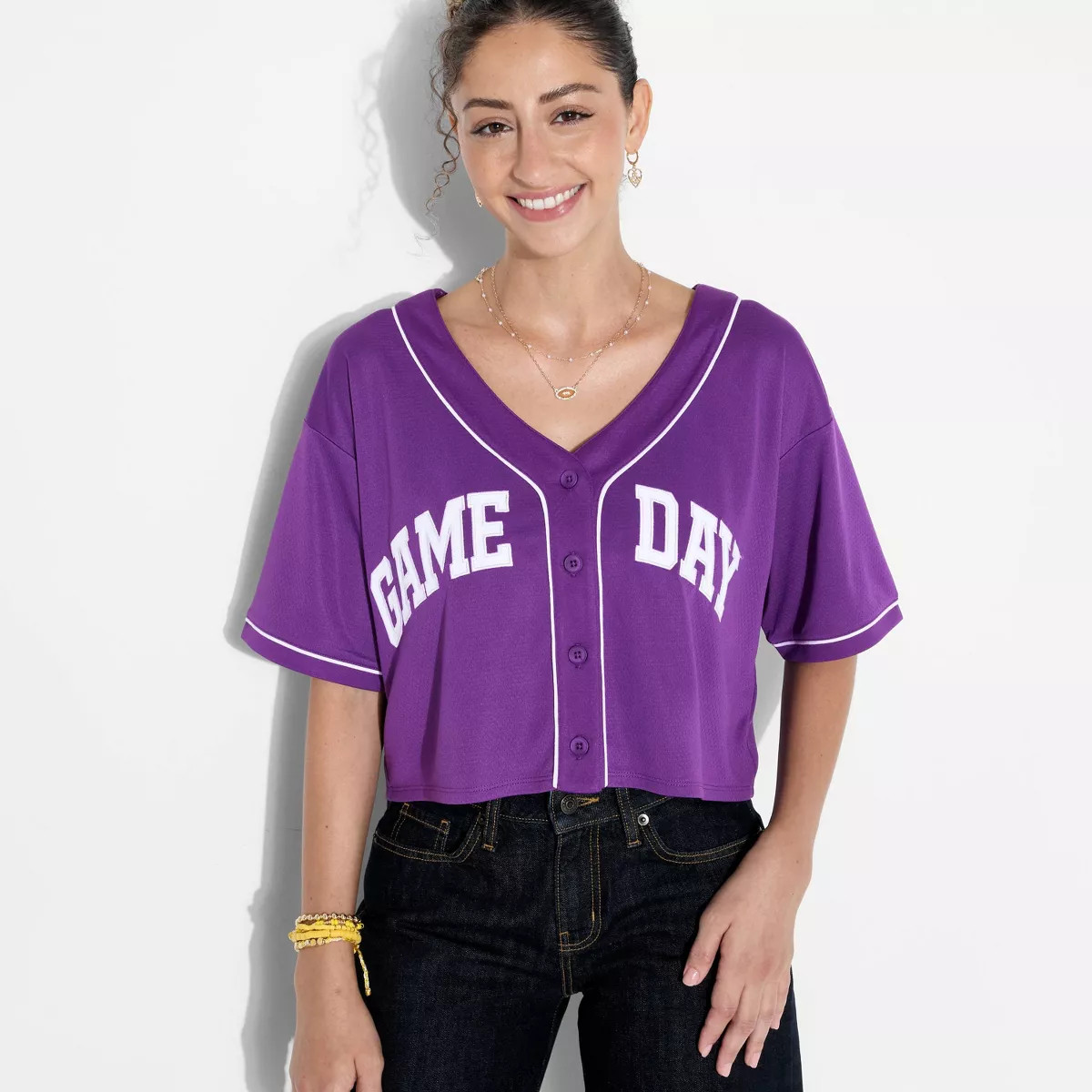 Women's Game Day Cropped Elbow Sleeve V-Neck Athletic Jersey - Wild Fable™ | Target