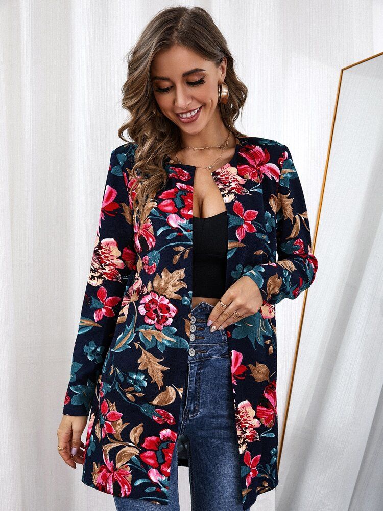 Floral Print Open Front Coat | SHEIN