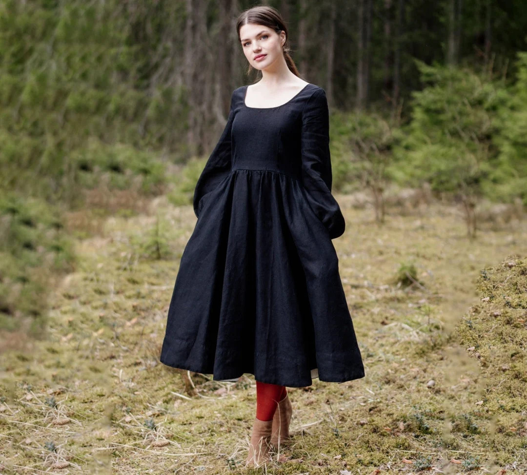 SQUARE NECK DRESS Bishop Sleeve Maxi Dress, Black Linen Dress, Mid Century Modern, Medieval Dress... | Etsy (US)