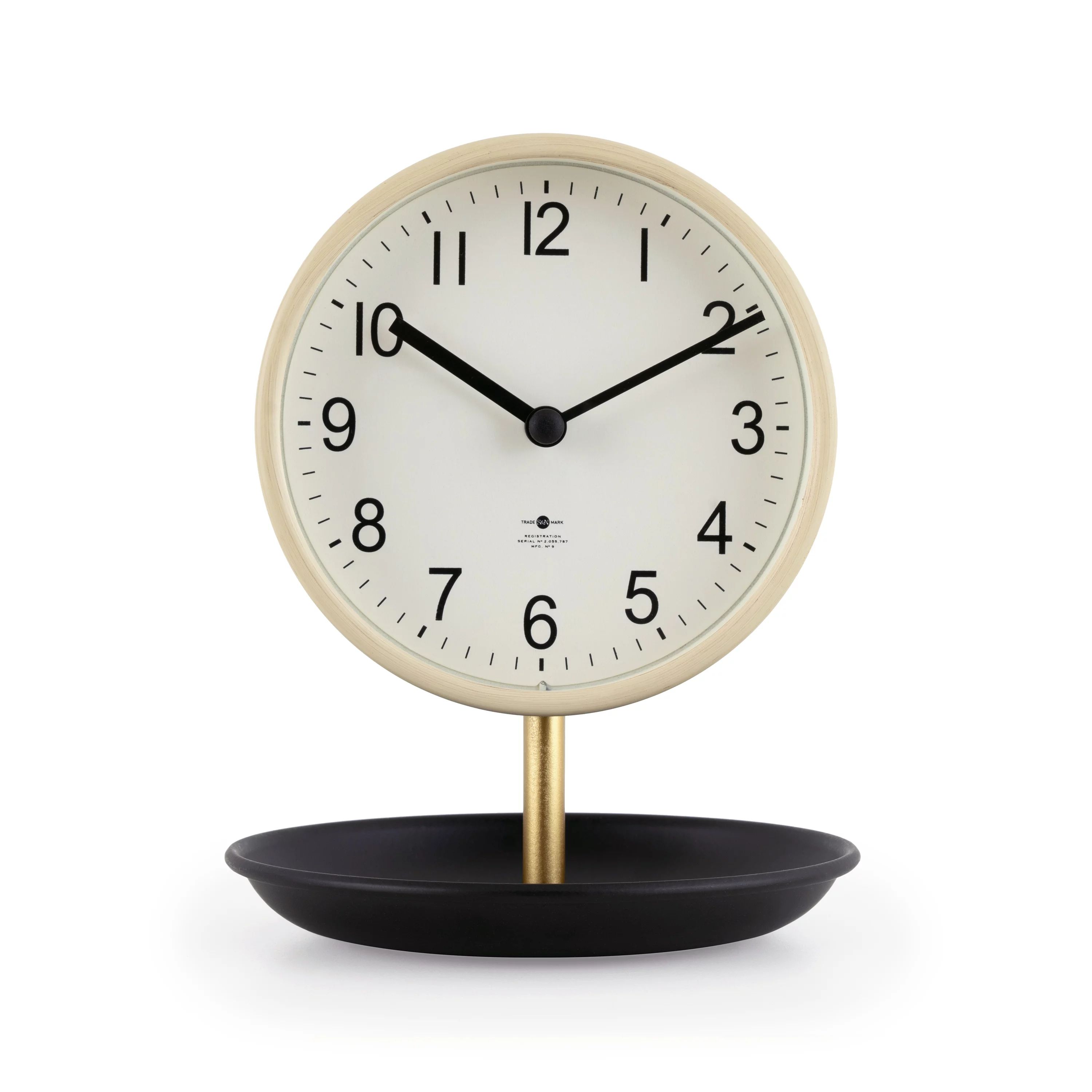 Better Homes & Garden Light Tan and Black Tabletop Round Analog Dial Clock with Trinket Tray Base | Walmart (US)