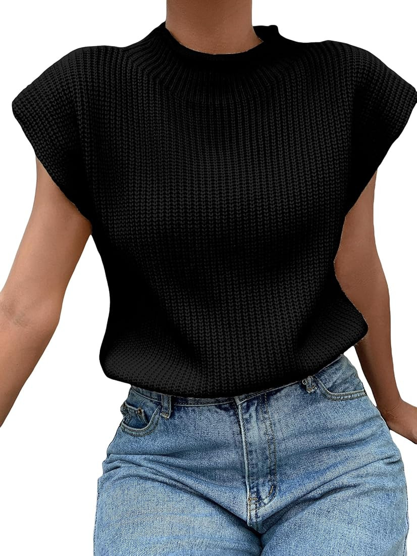 GORGLITTER Women's Mock Neck Short Cap Sleeve Sweater Vest Casual Solid Knit Pullover Top | Amazon (US)