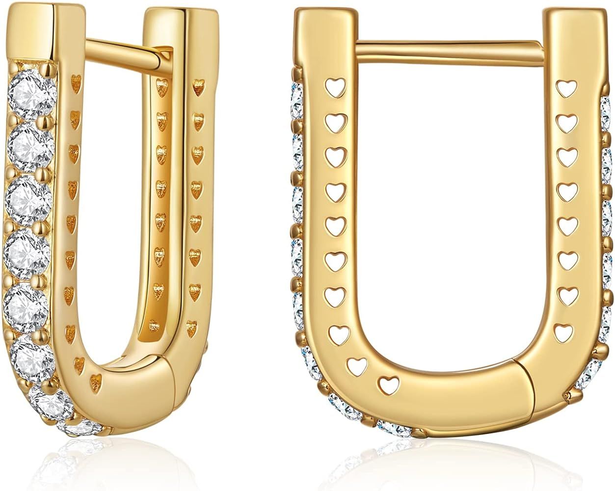 Square Hoop Earrings for Women 14K Gold Plated Small U-shaped Hoop Earrings with Multicolor Cubic... | Amazon (US)