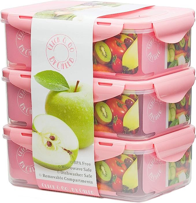 By Caleb Company 3 Pack Pink Bento Boxes - 39 Ounce Divided Food Storage Containers With Lids - L... | Amazon (US)