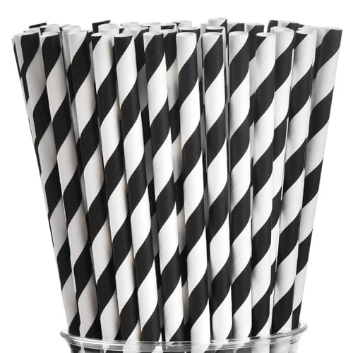 ALINK Black Paper Straws - 100 pcs Biodegradable Black and White Striped Drinking Straws for Party Decorations, Weddings, Birthdays, Baby Showers, Events and Crafts, Compostable Straws, 7.75" x 0.24" | Amazon (US)