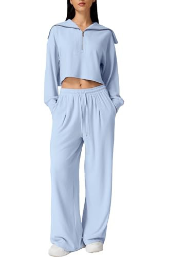 QINSEN Womens Oversized Lounge Matching Sets Half Zip V Neck Sweatshirt Wide Leg Pants Cozy 2 Piece Sweatsuits Sky Blue L | Amazon (US)