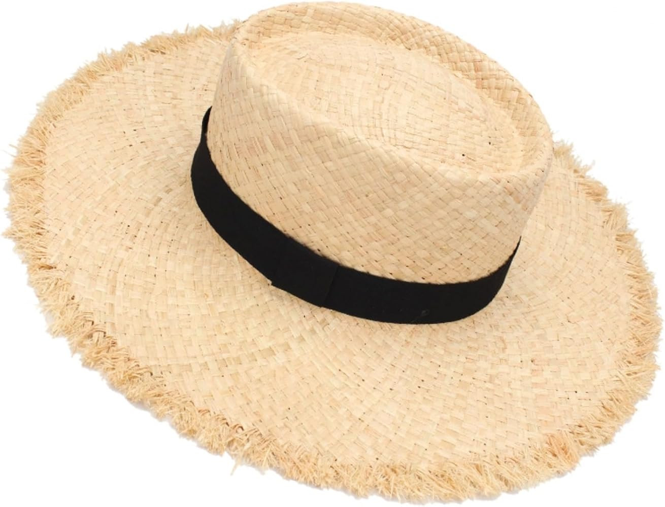 Wide Brim Boater Sun Hat Women Frayed Raffia Edging Hat Trimmed with Ribbon UPF 50+ Sun Protectio... | Amazon (US)