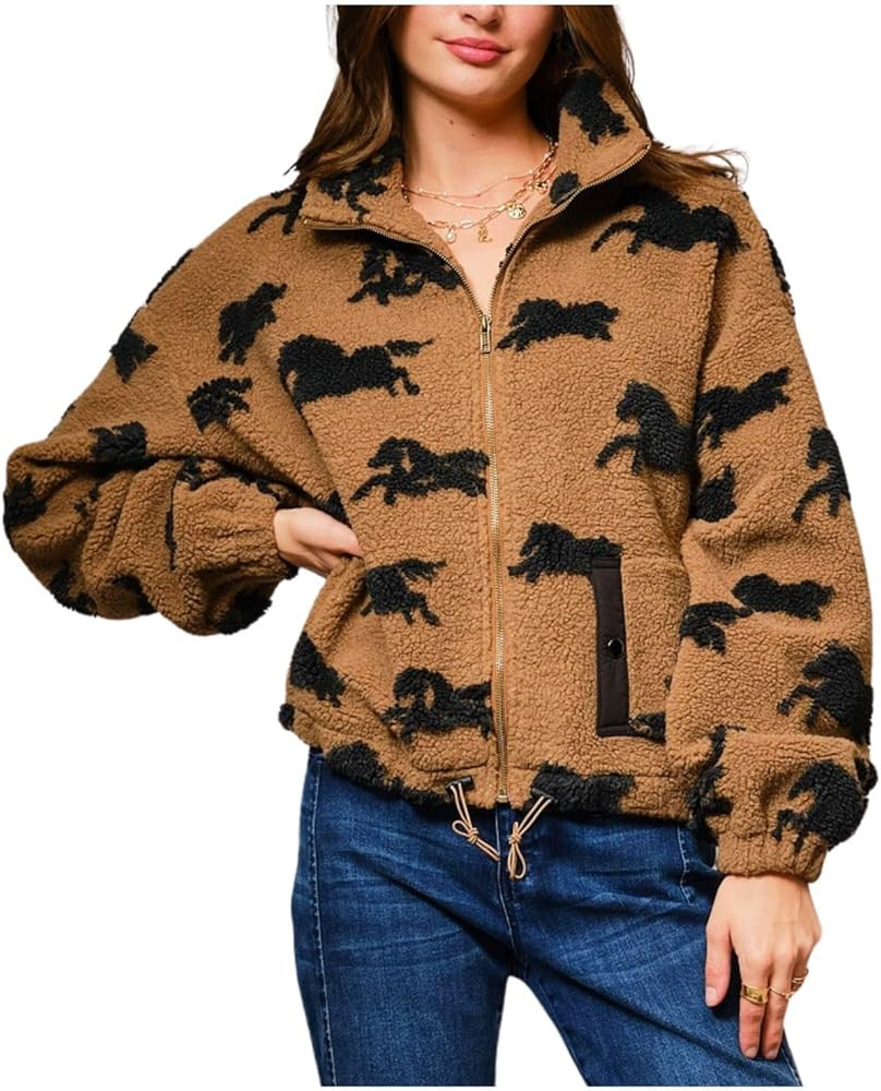 Joiemont Womens Horse Printed Casual Fleece Jacket Zip-up Teddy Jacket Wild Sherpa Fluffy Jacket ... | Amazon (US)