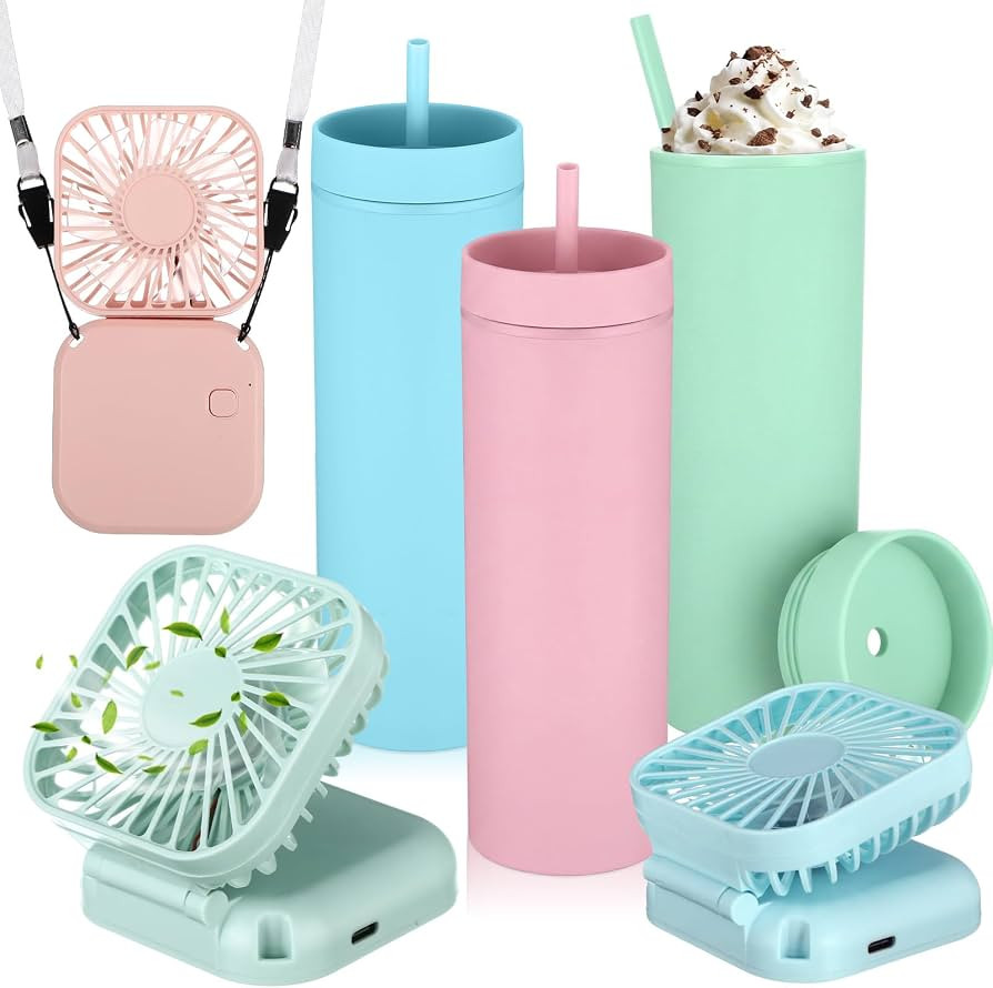Reallnaive 6 Pcs Skinny Tumblers Bulk with Mini Portable Fan, Multicolor | Amazon (US)