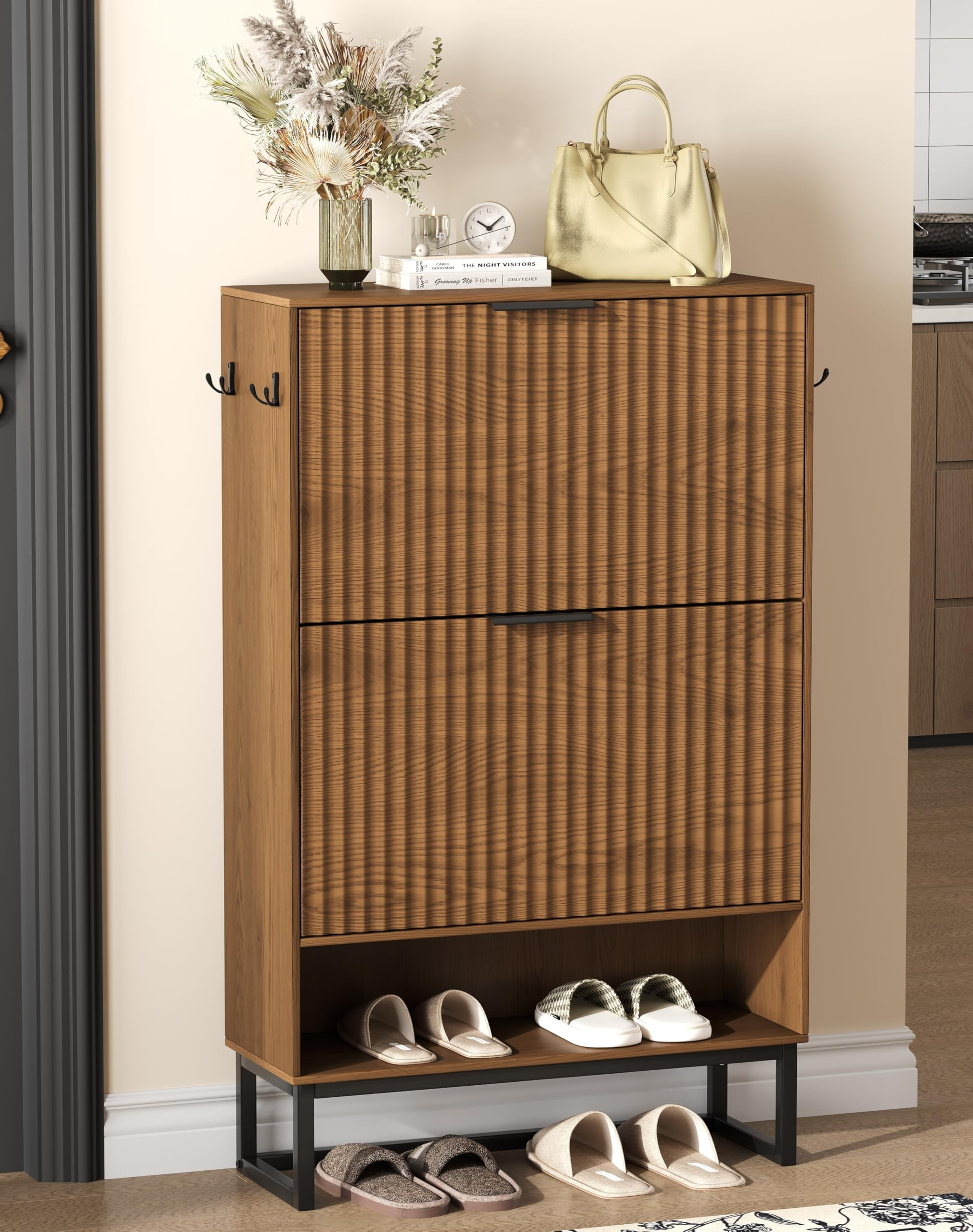 Fluted Shoe Storage Cabinet, Narrow Hidden Shoe Rack Cabinet with Metal Legs, Narrow Shoe Organiz... | Amazon (US)