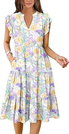 ANRABESS Womens Summer Dress Ruffle Sleeve V Neck Midi Dresses Fashion Casual Fit Flowy Tiered Bo... | Amazon (US)