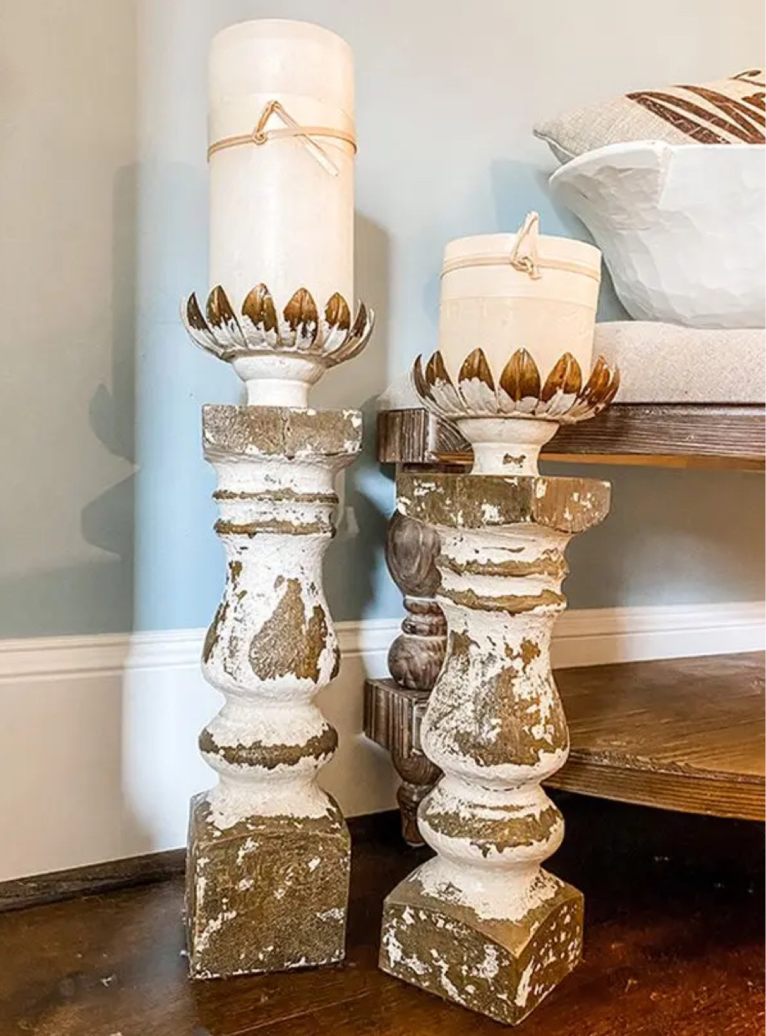 Love these chunky, chippy Crown  inspired candlesticks. They live on my mantel year round  

#LTKhome #LTKSeasonal #LTKHoliday