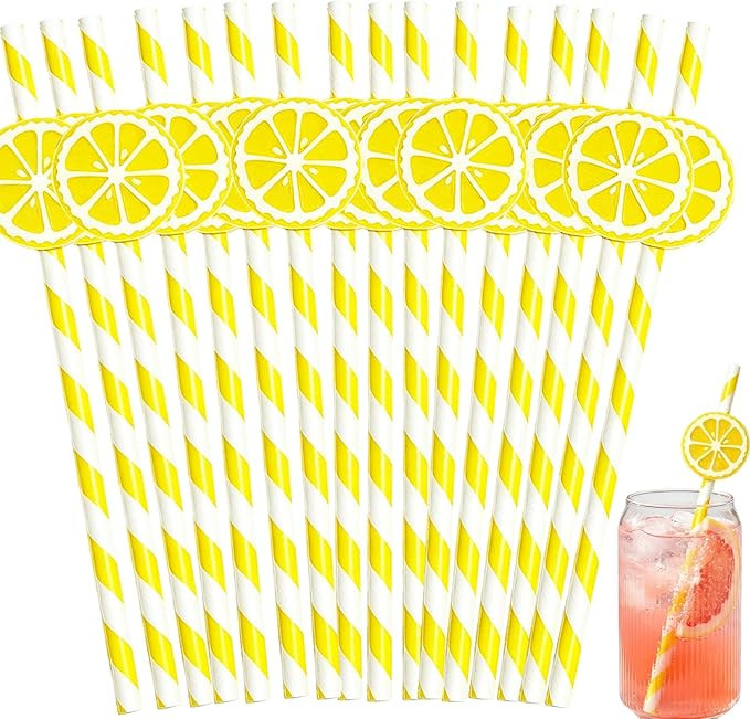 60 Pcs Lemon Paper Straws Disposable Cocktail Straws for Drinks Round Lemon Slices Striped Straw ... | Amazon (US)