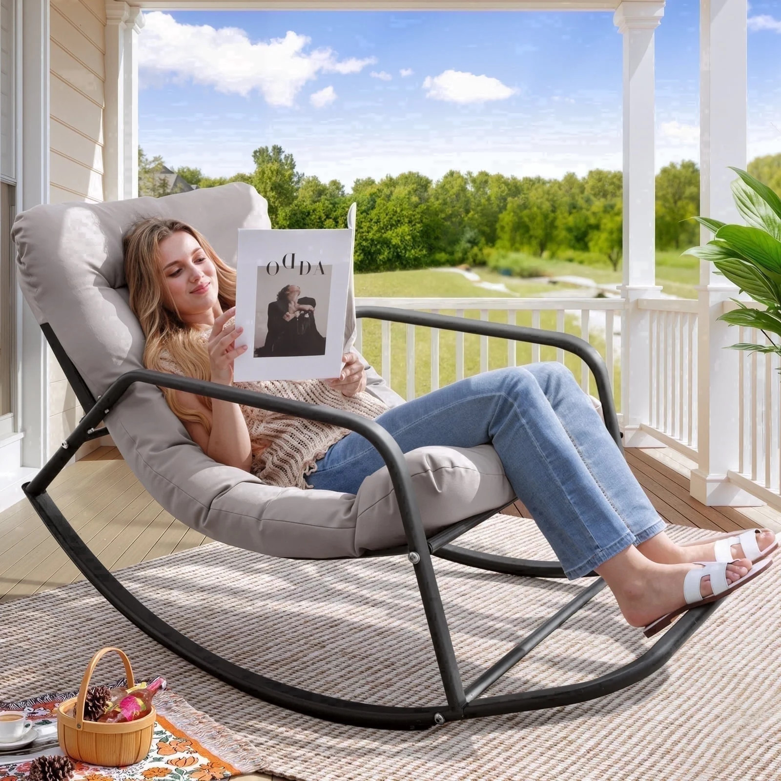 RADIATA Oversized Rocking Chair with Footrest, Patio Papasan Rocking Recliner for Indoor Outdoor ... | Walmart (US)