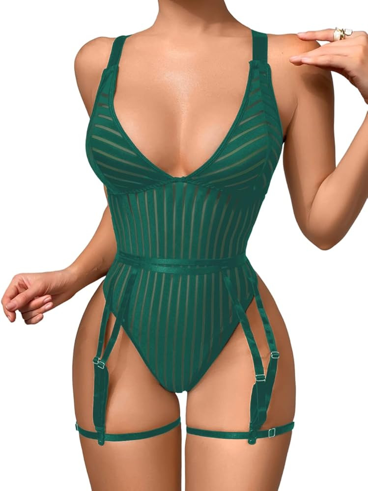 Kaei&Shi Sexy Ribbed Top,Plunge V, Snap Crotch, Leg Strap, Backless 3Pc Bodysuit | Amazon (US)