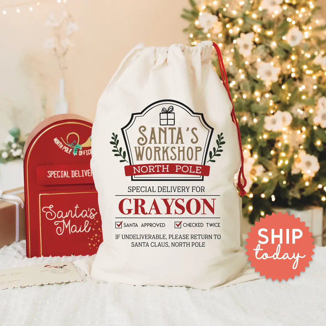 Santa's Workshop Bag, Custom Name Special Delivery Santa's Gift Bag, Holiday Gift Bag, Santa Appr... | Etsy (US)