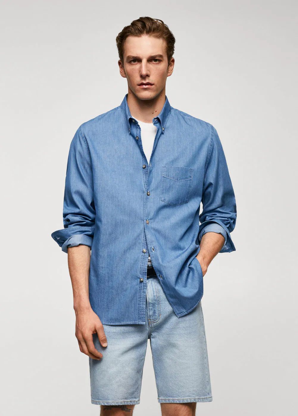 Camisa slim fit denim bolsillo | MANGO (US)