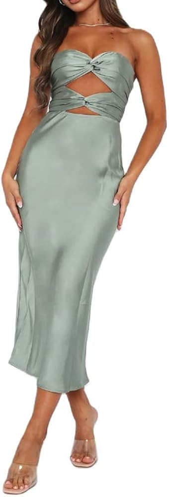 Women's Off Shoulder Satin Maxi Dress Elegant Strapless Split Bodycon Long Dresses Backless Even... | Amazon (US)