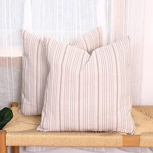 BOYSUM Farmhouse Stripes Throw Pillow Cases 18x18 inch 2 Pack Khaki Cream Modern Decorative Texture  | Amazon (US)