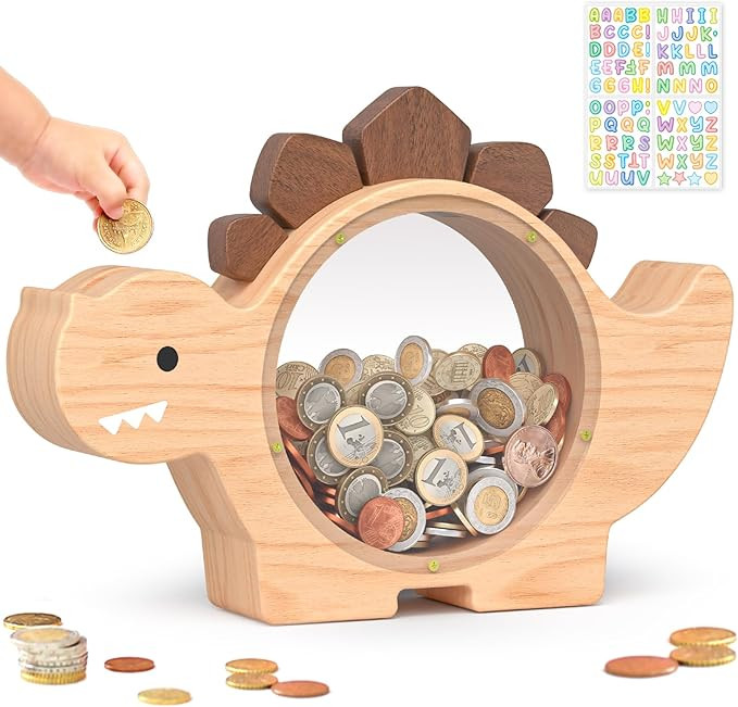 Summidate Wooden Dinosaur Piggy Bank for Kids Boys, Cute Wood Dino Money Bank for Toddlers, Creat... | Amazon (US)