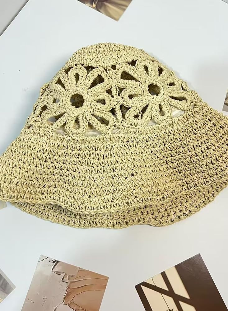 Handmade Women's Crochet Straw Bucket Hat Packable Daisy Beach Cap | Amazon (US)