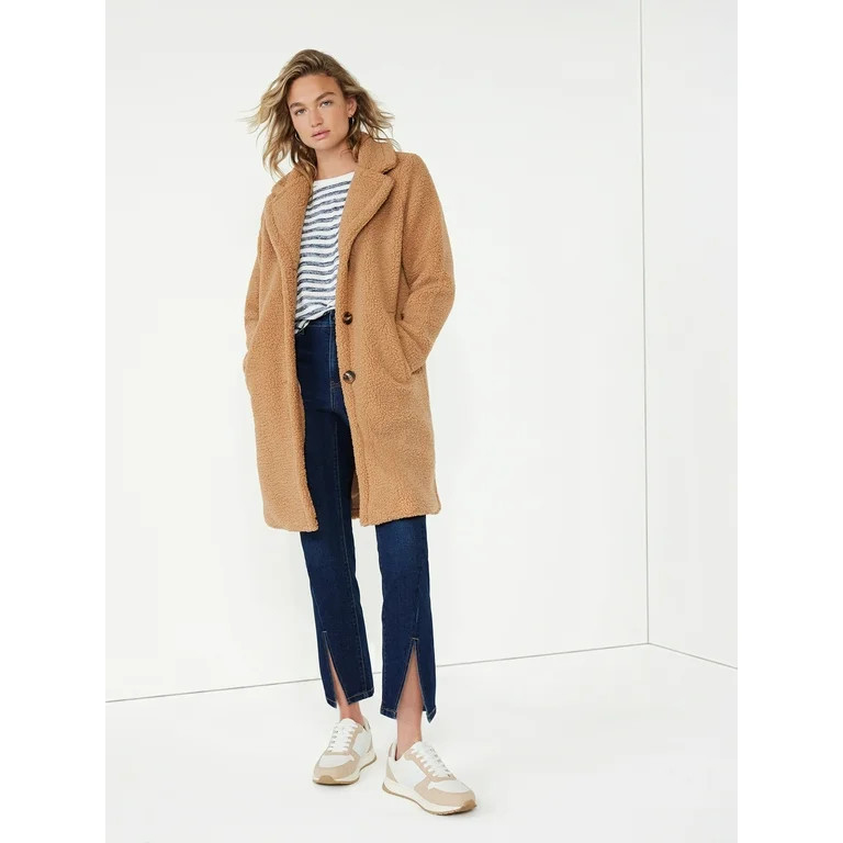 Time and Tru Women's Notch Collar Faux Sherpa Coat, Sizes XS-3X - Walmart.com | Walmart (US)