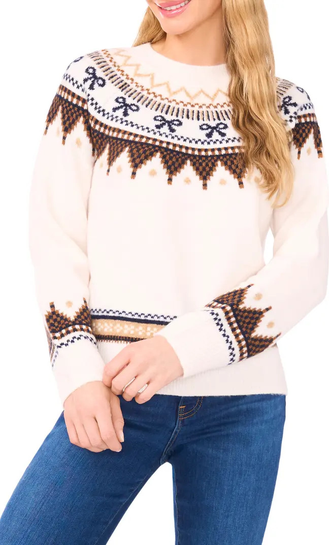 CeCe Bow Fair Isle Ribbon Detail Crewneck Sweater | Nordstrom | Nordstrom