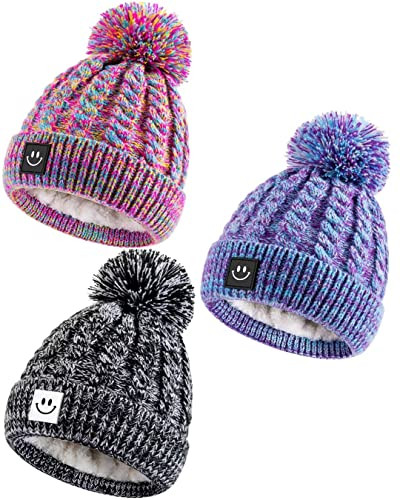 Baby Beanie Hat 3 Packs with Cute Smiley Face, Baby Winter Hat Fleece Lined,Toddler Beanie with Pom Pom for Girls Boys Rainbow Mix & Black Mix & Purple Mix | Amazon (US)