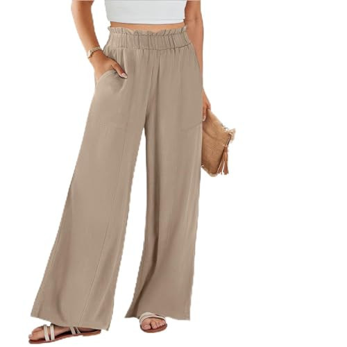 Linen Pants for Women Summer High Waisted Wide Leg Pants Baggy Casual Beach Pant Flowy Palazzo Trousers Trendy Comfy Soft Yoga Boho Pant Lightweight Vacation Lounge Trousers with Pockets | Amazon (US)