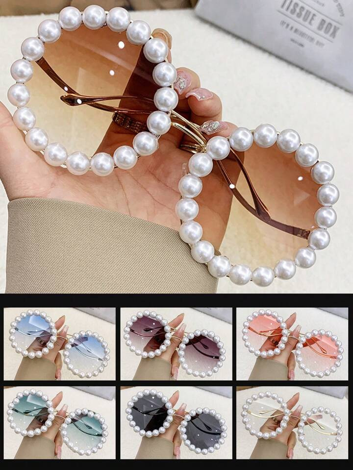 1pc Women Retro Elegant Trendy Sunglasses Y2K Style Big Round Frame With Pearl Details, Perfect F... | SHEIN