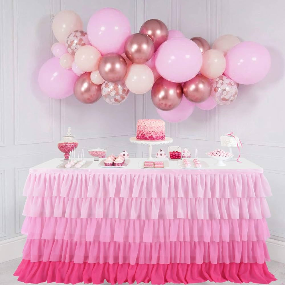 Besutolife Pink Table Skirt Tutu Ruffled Tablecloth for Rectangle Table 6ft Baby Shower Birthday ... | Amazon (US)