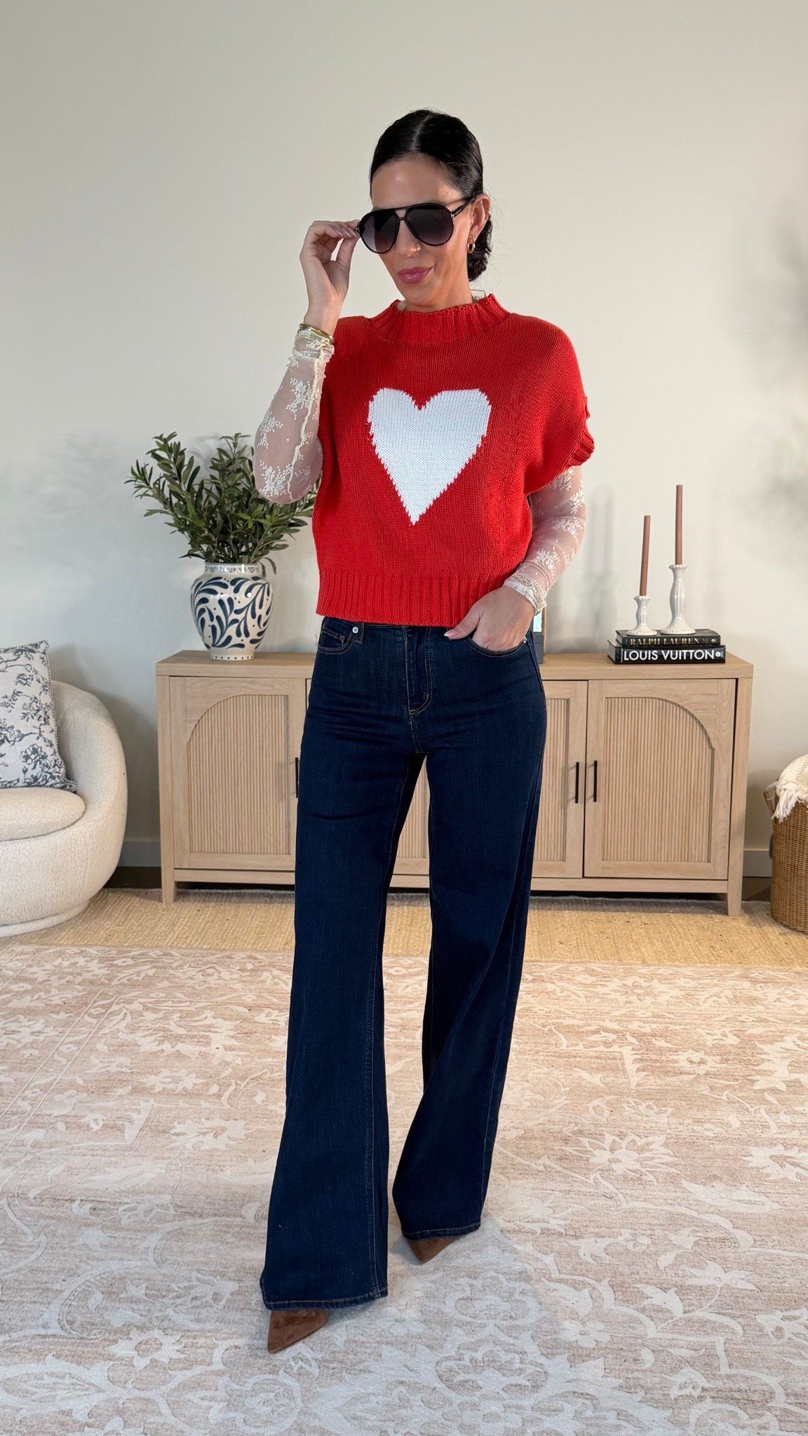 Love a lace top and to add a festive touch, a cute sweater over it is perfection. 
Lace top- medium 
Sweater- medium 
Denim - size 4 

#LTKU #LTKValentine #LTKOver40