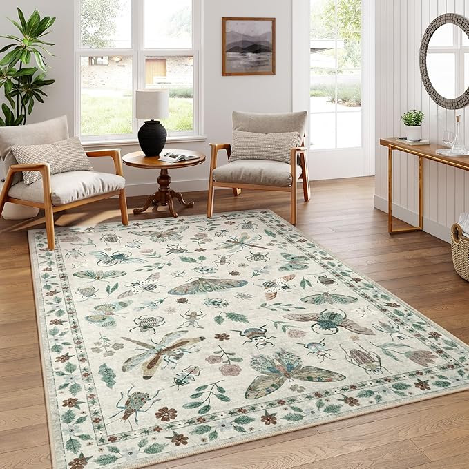 Lahome Insect Print Washable Rugs for Living Room, Soft 6x9 Area Rugs for Bedroom, Ultra-Thin Non... | Amazon (US)